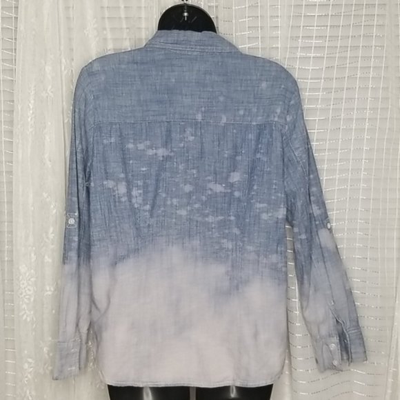 Denim Ombre Bleach Dipped Button Up Shirt SzL - Picture 4 of 8